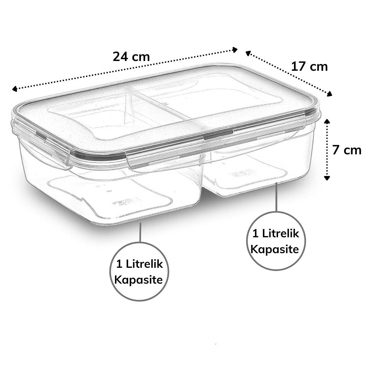 2 Bölmeli 1+1 Litre Kilitli Kapaklı Erzak Saklama Kabı LC-525 (4989)