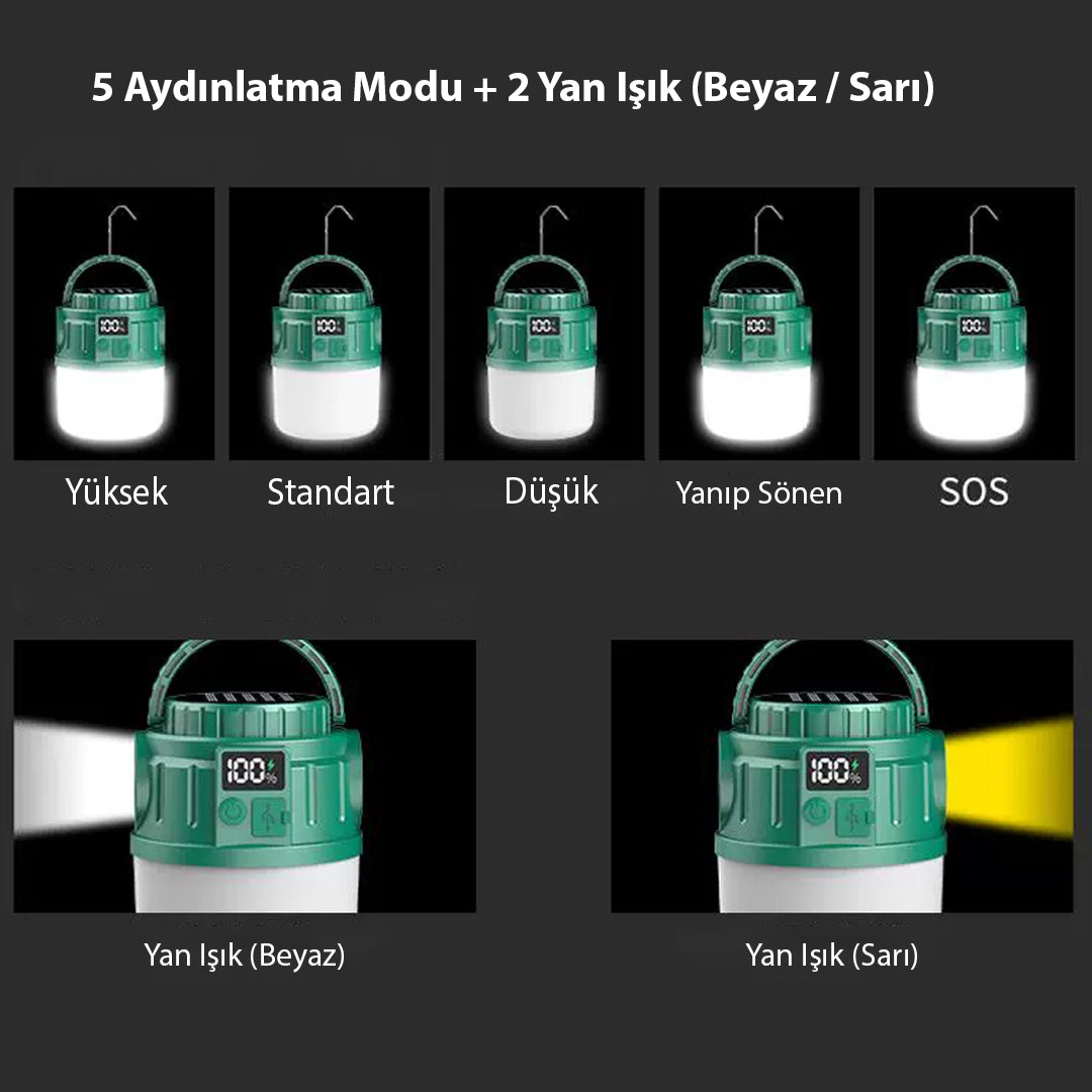 24 LED 5 AYDINLATMA MODU + 2 YAN IŞIK (BEYAZ / SARI) 1200 MAH SOLAR KAMP LAMBASI V65-3 (4989)