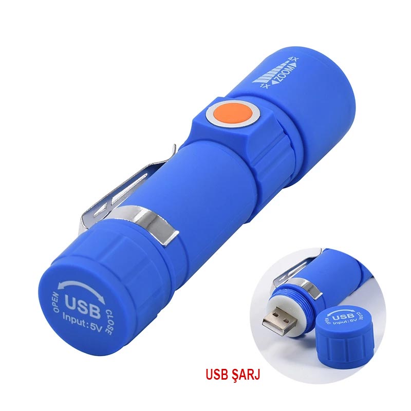 USB ŞARJLI 3 MODLU PLASTİK KASA MİNİ EL FENERİ (4989)